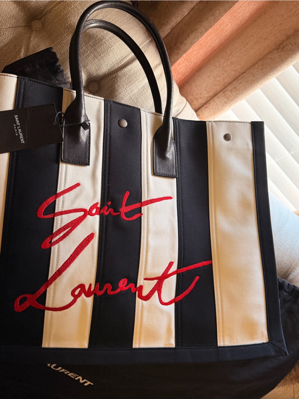 Saint Laurent Black, Cream Striped Canvas Tote with Red Script